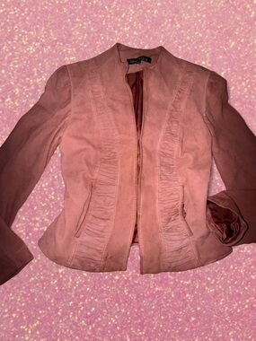 Anne Klein Rose Pink Ruffle-Trim Suede Blazer